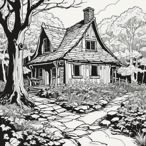 witch's house,witch house,cottage,country cottage,summer cottage,house in the forest,house drawing,cottage garden,farmhouse,little house,lincoln's cottage,old home,cottages,homestead,fairy house,dandelion hall,lonely house,farmstead,ancient house,clay house,Illustration,Black and White,Black and White 10