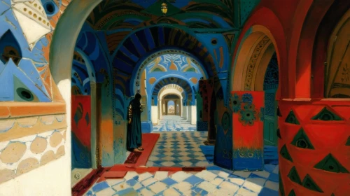 gaudí,church painting,arches,portal,medina,passage,morocco,inside courtyard,corridor,courtyard,grand bleu de gascogne,mosques,moroccan pattern,djerba,positano,alcazar,morocco lanterns,majorelle blue,alhambra,monastery,Art,Classical Oil Painting,Classical Oil Painting 42