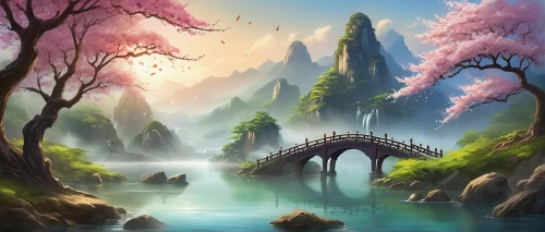 fantasy landscape,landscape background,scenic bridge,dragon bridge,river landscape,japan landscape,japanese sakura background,forest landscape,nature landscape,mountain landscape,hangman's bridge,tied-arch bridge,beautiful landscape,wooden bridge,rainbow bridge,fantasy picture,mountainous landscape,arch bridge,mountain scene,world digital painting,Illustration,Realistic Fantasy,Realistic Fantasy 01