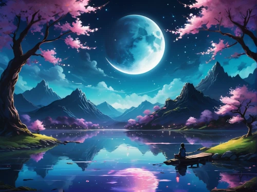 purple landscape,moon and star background,landscape background,fantasy landscape,moonlit night,fantasy picture,dream world,lunar landscape,moonlit,moonlight,hanging moon,dusk background,purple moon,unicorn background,fairy world,cartoon video game background,dreamland,creative background,beautiful landscape,art background,Illustration,Japanese style,Japanese Style 09