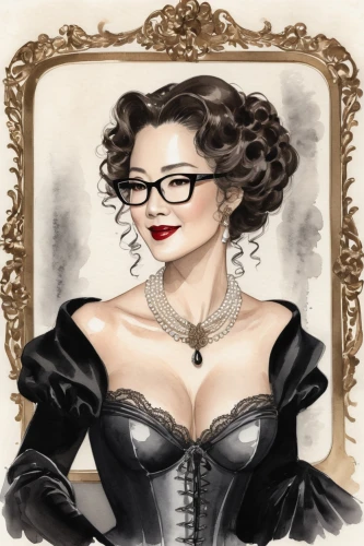 victorian lady,lace round frames,librarian,victorian style,reading glasses,silver framed glasses,corset,with glasses,glasses,vintage woman,oval frame,steampunk,spectacle,spectacles,the victorian era,old elisabeth,victorian fashion,art nouveau frames,venetia,vintage female portrait,Illustration,Paper based,Paper Based 30