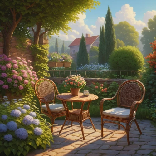 garden bench,summer evening,idyllic,idyll,terrace,home landscape,tearoom,floral chair,cottage garden,garden party,springtime background,outdoor table,landscape background,outdoor table and chairs,english garden,floral corner,spring morning,alfresco,evening atmosphere,flower garden,Illustration,Realistic Fantasy,Realistic Fantasy 27