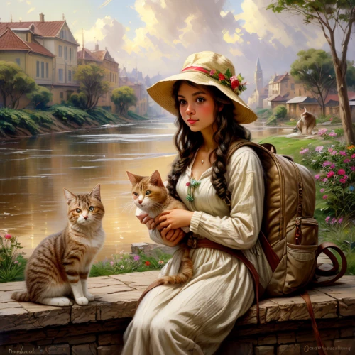 emile vernon,romantic portrait,girl on the river,fantasy picture,cat lovers,ritriver and the cat,romantic scene,oil painting on canvas,fantasy art,oil painting,gondolier,art painting,girl on the boat,italian painter,girl with bread-and-butter,cat sparrow,girl with dog,calico cat,victorian lady,cat european