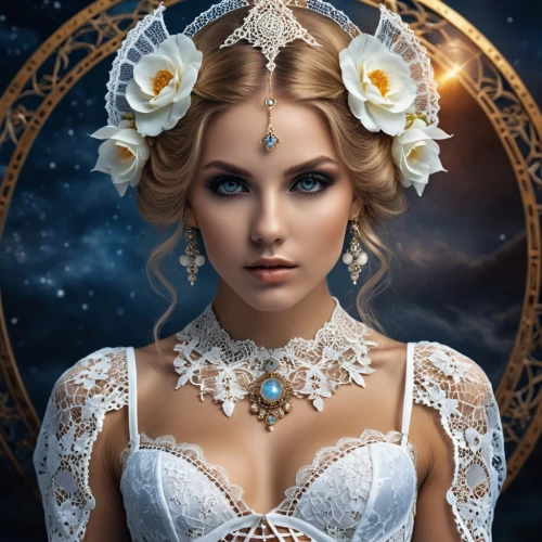 white rose snow queen,bridal jewelry,diadem,bridal accessory,fantasy portrait,the snow queen,bridal clothing,fairy queen,zodiac sign libra,faery,jessamine,horoscope libra,bridal veil,the angel with the veronica veil,cinderella,suit of the snow maiden,queen of the night,priestess,moonflower,bridal,Photography,General,Realistic