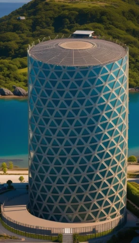 solar cell base,largest hotel in dubai,building honeycomb,water cube,cooling tower,glass building,diamond lagoon,baku eye,futuristic architecture,aqua studio,very large floating structure,cube sea,renaissance tower,the skyscraper,glass pyramid,skyscraper,hexagon,corporate headquarters,round hut,eco hotel,Photography,General,Realistic