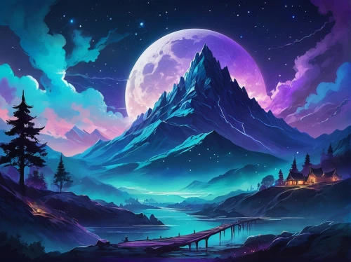 fantasy landscape,purple landscape,landscape background,moon and star background,mountain landscape,lunar landscape,dusk background,fantasy picture,valley of the moon,mountainous landscape,moonlit night,cartoon video game background,mountain scene,unicorn background,music background,mountain world,mountains,moonscape,purple wallpaper,high landscape,Illustration,Paper based,Paper Based 07