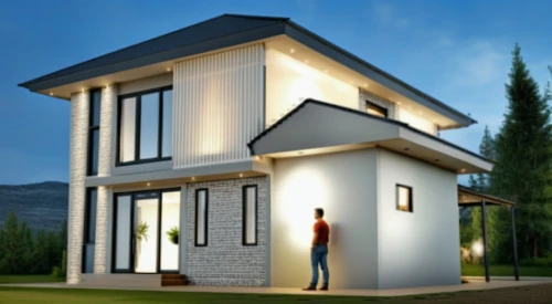 prefabricated buildings,smart home,3d rendering,smart house,thermal insulation,frame house,heat pumps,floorplan home,house shape,inverted cottage,house insurance,wooden house,modern house,small house,cubic house,eco-construction,house drawing,exterior decoration,two story house,folding roof,Photography,General,Realistic
