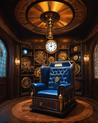 grandfather clock,play escape game live and win,the throne,longcase clock,ornate room,clockmaker,astronomical clock,ship's wheel,watchmaker,tardis,throne,live escape game,music box,live escape room,magic castle,writing desk,dark cabinetry,wing chair,orrery,great room,Illustration,Abstract Fantasy,Abstract Fantasy 22
