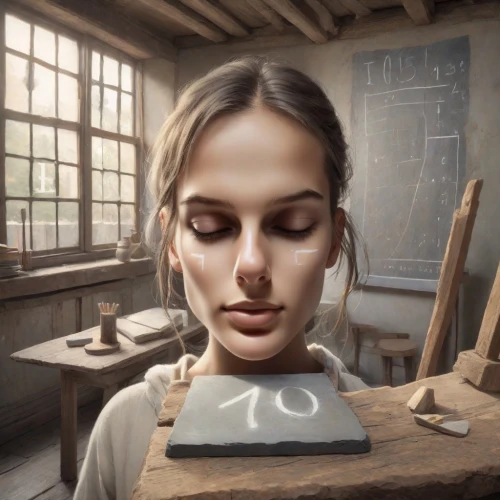 girl studying,chalk drawing,painting technique,sculptor,meticulous painting,world digital painting,tutor,girl drawing,clockmaker,mystical portrait of a girl,girl at the computer,easel,drawing course,digital painting,illustrator,woman thinking,b3d,digital compositing,clay animation,metalsmith,Photography,Realistic