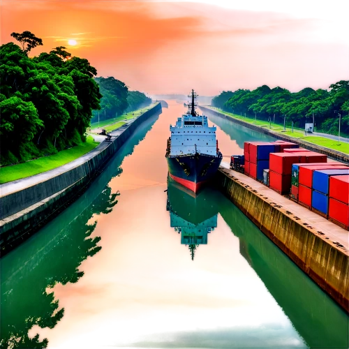 container train,container vessel,north baltic canal,boat landscape,container ship,inland port,freight transport,shipping industry,a container ship,container port,boats and boating--equipment and supplies,canal tunnel,panamax,water transportation,freight trains,cargo port,floating production storage and offloading,container terminal,container cranes,barges,Art,Classical Oil Painting,Classical Oil Painting 42