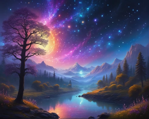 colorful stars,purple landscape,fantasy landscape,fairy galaxy,moon and star background,fantasy picture,unicorn background,rainbow and stars,night sky,colorful star scatters,landscape background,the night sky,star sky,starscape,space art,galaxy,starry sky,nightsky,vast,astronomy,Illustration,Realistic Fantasy,Realistic Fantasy 27