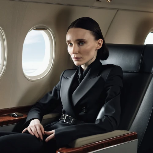 flight attendant,stewardess,airplane passenger,corporate jet,business jet,air new zealand,woman in menswear,black suit,tilda,business woman,window seat,airline travel,black coat,business girl,menswear for women,tisci,woman sitting,dark suit,in seated position,private plane,Photography,General,Realistic