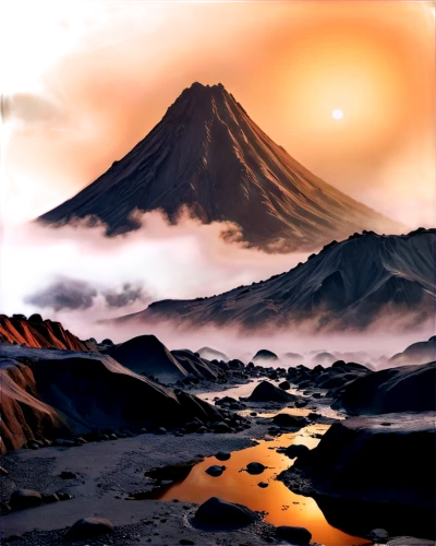 volcanic landscape,volcanic field,volcanism,stratovolcano,volcano,volcanic,volcanoes,volcanos,olympus mons,active volcano,world digital painting,mountain sunrise,volcanic landform,krafla volcano,the volcano,volcano area,gorely volcano,shield volcano,mount taranaki,landscape background,Illustration,Realistic Fantasy,Realistic Fantasy 21