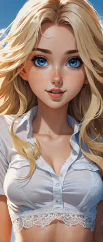 elsa,blonde woman,blonde girl,blond girl,the blonde in the river,animated cartoon,barbie,marylyn monroe - female,world digital painting,rapunzel,female doll,cotton top,jessamine,navel,the girl in nightie,blonde girl with christmas gift,anime 3d,3d model,white clothing,background image,Illustration,Japanese style,Japanese Style 07