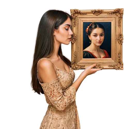 henna frame,makeup mirror,copper frame,the mona lisa,holding a frame,magic mirror,doll looking in mirror,mirror frame,the mirror,gold frame,portrait of a girl,mona lisa,art nouveau frame,wood mirror,mystical portrait of a girl,cosmetic brush,girl with a pearl earring,mirror image,art model,golden frame,Photography,Artistic Photography,Artistic Photography 12