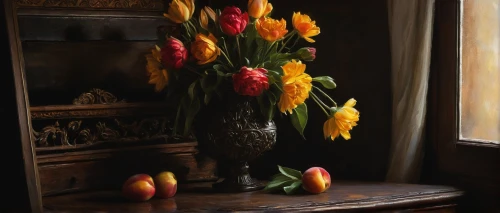 still life of spring,orange tulips,tulips,two tulips,tulip bouquet,yellow tulips,yellow orange tulip,tulip flowers,fritillaria imperialis,wild tulips,autumn still life,still life photography,tulipa,tulip background,flower arranging,flower arrangement,summer still-life,red tulips,fritillaria,hyacinths,Conceptual Art,Oil color,Oil Color 11