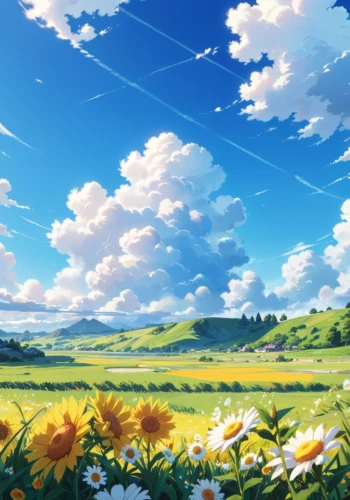 dandelion field,sunflower field,blooming field,dandelion meadow,summer meadow,landscape background,dandelion background,flower field,meadow landscape,field of flowers,summer sky,flowers field,summer background,springtime background,meadow,spring background,sunflowers,blanket of flowers,spring meadow,summer day,Anime,Anime,Traditional