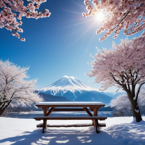 beautiful japan,snow landscape,fragrant snow sea,snowy landscape,japanese cherry trees,japanese mountains,japan landscape,winter background,winter landscape,cold cherry blossoms,mount fuji,spring in japan,outdoor bench,snow scene,wooden bench,snow-capped,japanese alps,landscape background,fuji mountain,mt fuji,Photography,General,Realistic