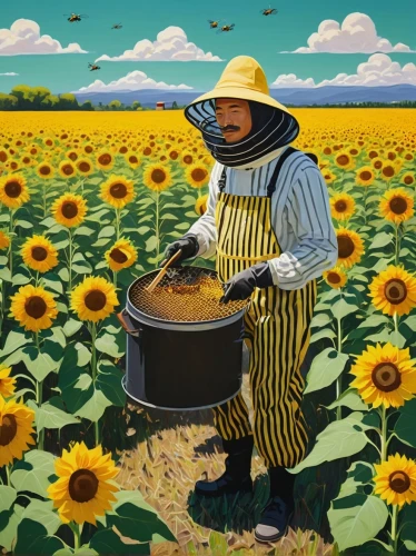beekeeper,sunflower field,sunflowers in vase,sunflowers and locusts are together,beekeeping,bee farm,sunflowers,beekeepers,pollinate,sunflower seeds,sunflower coloring,helianthus,pollinator,beekeeper plant,bee-keeping,amarillo,bee,sun flowers,flowers in wheel barrel,bee colony,Conceptual Art,Oil color,Oil Color 13