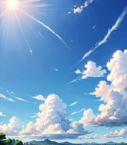 landscape background,summer sky,blue sky clouds,blue sky and clouds,bright sun,sunburst background,summer day,summer background,sky,blue sky and white clouds,cloudscape,cloudless,blue sky,sky clouds,hot-air-balloon-valley-sky,cumulus clouds,skyscape,summersun,sunny day,clear sky,Anime,Anime,Traditional