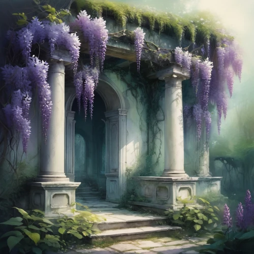 mausoleum ruins,pillars,hall of the fallen,wisteria,shrine,tombs,lilac arbor,necropolis,resting place,ruins,sepulchre,wisteria shelf,ancient house,artemis temple,mausoleum,pillar,ancient,druid grove,mortuary temple,place of pilgrimage,Illustration,Realistic Fantasy,Realistic Fantasy 15