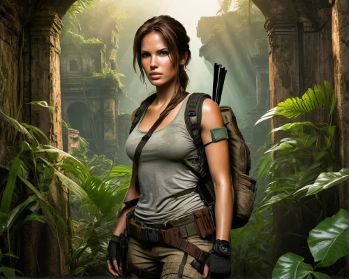 lara,katniss,croft,mobile video game vector background,game illustration,action-adventure game,huntress,girl with gun,shooter game,quiet,game art,gi,lori,background ivy,mercenary,android game,girl with a gun,patrol,female warrior,jungle,Illustration,Realistic Fantasy,Realistic Fantasy 04