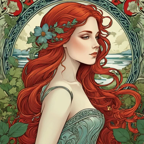 poison ivy,rusalka,art nouveau,ariel,flora,celtic queen,mucha,red-haired,art nouveau design,rosa ' amber cover,fae,faery,coral bells,dryad,rose wreath,fairy queen,aphrodite,clary,red head,merida,Illustration,Retro,Retro 13