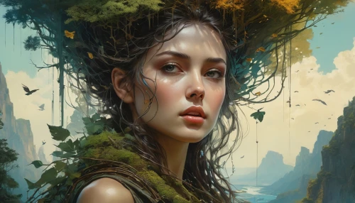 dryad,fantasy portrait,girl with tree,mystical portrait of a girl,faery,faerie,fantasy art,world digital painting,the enchantress,girl in a wreath,girl portrait,fantasy picture,digital painting,romantic portrait,girl in the garden,fae,natura,sci fiction illustration,portrait of a girl,young woman,Photography,General,Cinematic