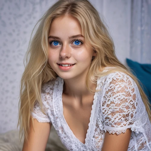 elsa,girl in bed,beautiful young woman,heterochromia,eufiliya,white shirt,blue eyes,girl in white dress,young woman,girl on a white background,white beauty,cotton top,wallis day,pretty young woman,blonde girl with christmas gift,nightgown,girl in t-shirt,romantic portrait,greta oto,mavka,Photography,General,Realistic