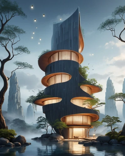 tree house hotel,asian architecture,japanese architecture,tree house,futuristic architecture,chinese architecture,cube stilt houses,floating island,futuristic landscape,eco hotel,floating islands,stilt houses,treehouse,sky space concept,the japanese tree,sky apartment,stilt house,cubic house,silk tree,modern architecture