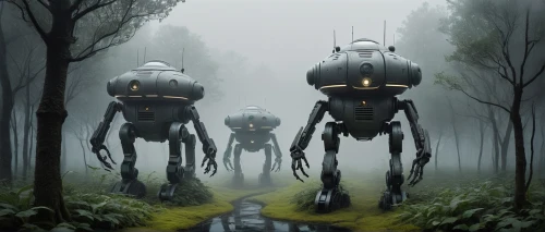 droids,sci fiction illustration,travelers,robots,sci fi,predators,residents,cg artwork,guards of the canyon,scifi,forest walk,sci-fi,sci - fi,haunted forest,walkers,droid,skeletons,trackers,concept art,pilgrimage,Illustration,Realistic Fantasy,Realistic Fantasy 17