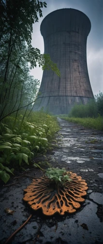 cooling tower,cooling towers,nuclear reactor,nuclear power plant,industrial landscape,environmental destruction,nuclear power,mushroom landscape,oil tank,powerplant,post-apocalyptic landscape,radioactive leak,environmental art,environmental disaster,chernobyl,industrial ruin,power plant,lignite power plant,nature's wrath,water tank,Illustration,Retro,Retro 15