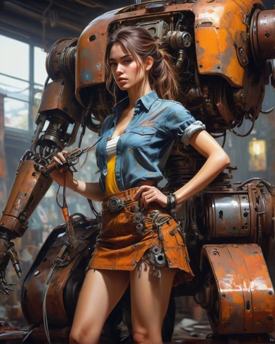 mechanic,fallout4,steampunk,metal rust,scrap iron,girl with gun,fallout,rust-orange,scrap collector,scrap dealer,girl with a gun,welder,car mechanic,mech,gunsmith,auto mechanic,engineer,mechanical,yellow machinery,scrap metal,Illustration,Realistic Fantasy,Realistic Fantasy 03