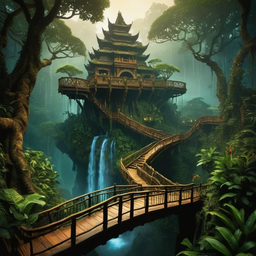 asian architecture,chinese architecture,chinese temple,wooden bridge,dragon bridge,japan landscape,fantasy landscape,hanging temple,world digital painting,japanese architecture,fantasy picture,southeast asia,bird kingdom,oriental,ancient city,forbidden palace,monkey island,cartoon video game background,bamboo forest,chinese art,Illustration,Abstract Fantasy,Abstract Fantasy 19