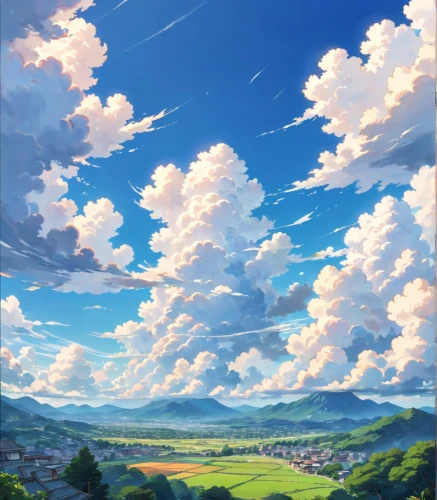 sky,landscape background,blue sky clouds,violet evergarden,blue sky and clouds,cumulus,summer sky,sky clouds,hot-air-balloon-valley-sky,cumulus clouds,cloudscape,high landscape,rural landscape,meteora,panoramic landscape,valley,studio ghibli,clouds - sky,autumn sky,horizon,Anime,Anime,Traditional