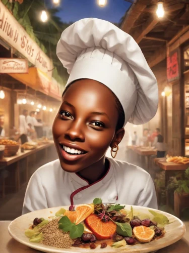 ugali,cooking book cover,chef,national cuisine,cuisine classique,restaurants online,nigeria woman,waitress,cuisine,woman holding pie,food and cooking,caterer,bahian cuisine,egusi,chef hat,pastry chef,foodstuffs,jollof rice,food processing,digital compositing,Photography,Cinematic