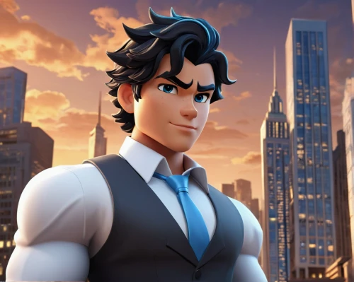 male character,pompadour,dusk background,ken,tangelo,steel man,white-collar worker,rein,blue-collar worker,my hero academia,formal guy,the face of god,drexel,ceo,business man,big hero,engineer,main character,cg artwork,character animation,Unique,3D,3D Character