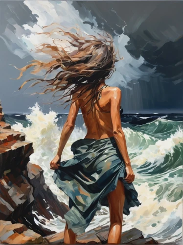 little girl in wind,the wind from the sea,wind wave,windy,sea storm,oil painting,stormy sea,winds,bracing,wind,churning,oil painting on canvas,seascapes,world digital painting,sea breeze,sea water splash,crashing waves,monsoon,girl walking away,seascape,Conceptual Art,Oil color,Oil Color 18