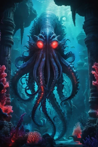 calamari,kraken,octopus,under sea,cephalopod,deep sea,god of the sea,cuthulu,octopus tentacles,fun octopus,sea god,the bottom of the sea,squid game card,apiarium,tentacles,under the sea,bottom of the sea,cephalopods,undersea,coral guardian,Conceptual Art,Sci-Fi,Sci-Fi 30