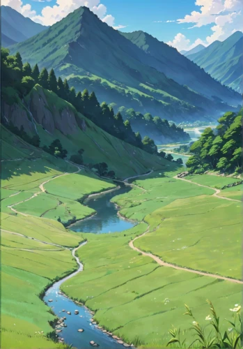 valley,green valley,mountain valley,landscape background,salt meadow landscape,river landscape,yamada's rice fields,rolling hills,rural landscape,japan landscape,hokkaido,japanese alps,green landscape,mountain landscape,mountainous landscape,mountain pasture,mountain spring,high landscape,mountain scene,mountain meadow,Anime,Anime,Traditional