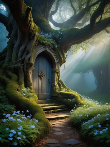 fairy door,the threshold of the house,fairy house,dandelion hall,witch's house,enchanted forest,druid grove,hobbiton,house in the forest,fantasy picture,forest chapel,fairytale forest,fairy forest,fantasy landscape,elven forest,devilwood,threshold,the mystical path,fairy tale,the door,Illustration,Abstract Fantasy,Abstract Fantasy 01