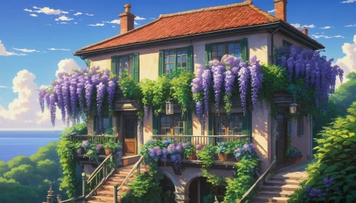 wisteria,violet evergarden,wisteria shelf,beautiful home,private house,little house,lilac arbor,ancient house,wooden house,flower shop,studio ghibli,rapunzel,summer cottage,house in the forest,witch's house,country house,house of the sea,apartment house,home landscape,victorian house,Conceptual Art,Daily,Daily 27