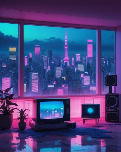 aesthetic,cyberpunk,vapor,tokyo city,80s,apartment,television,tokyo,80's design,cityscape,retro background,an apartment,room,blue room,livingroom,computer room,aesthetics,atmosphere,retro styled,tv set,Conceptual Art,Graffiti Art,Graffiti Art 01