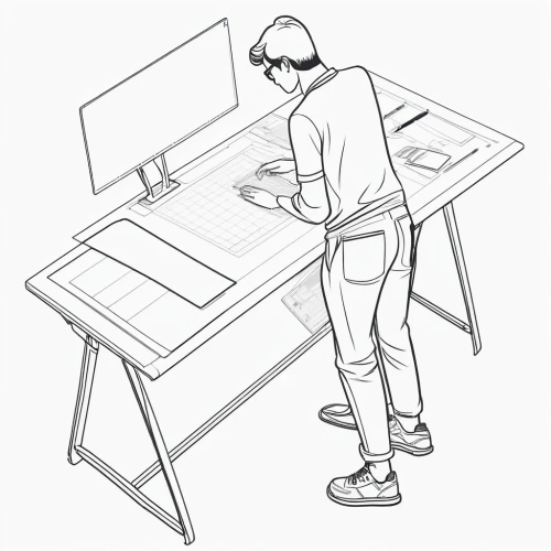 standing desk,male poses for drawing,frame drawing,writing or drawing device,computer desk,tablet computer stand,man with a computer,camera illustration,illustrator,graphics tablet,hardware programmer,game drawing,apple desk,office line art,drawing pad,computer addiction,personal computer,coloring page,camera drawing,laptop,Illustration,Black and White,Black and White 04