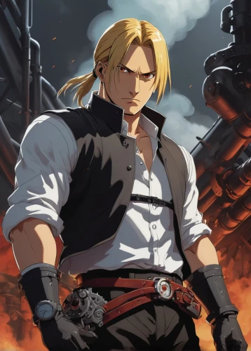 fullmetal alchemist edward elric,sanji,ash,cloud,big hero,blacksmith,rhodes,swordsman,tangelo,leo,dragon slayer,male character,angry man,game illustration,would a background,mercenary,ash wednesday,ren,fire background,alexander,Illustration,Vector,Vector 05