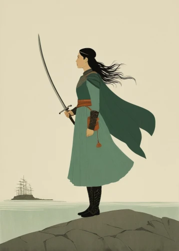 mulan,wind warrior,warrior woman,swordswoman,the wanderer,female warrior,scythe,longbow,katana,the wind from the sea,wanderer,lone warrior,adventurer,huntress,quarterstaff,bow and arrows,joan of arc,book illustration,samurai,swordsman,Illustration,Japanese style,Japanese Style 08