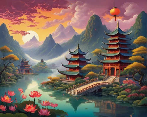 fantasy landscape,oriental painting,chinese art,chinese temple,oriental,landscape background,chinese clouds,world digital painting,chinese architecture,asian architecture,chinese background,fantasy picture,mid-autumn festival,forbidden palace,mountainous landscape,yunnan,mountain landscape,japan landscape,chinese style,guilin,Conceptual Art,Daily,Daily 29