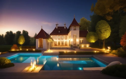 chateau,mansion,landscape lighting,luxury property,luxury home,pool house,3d rendering,fairy tale castle,crown render,fairytale castle,manor,3d render,gold castle,render,country estate,bendemeer estates,3d rendered,villa,private house,house silhouette,Photography,General,Realistic