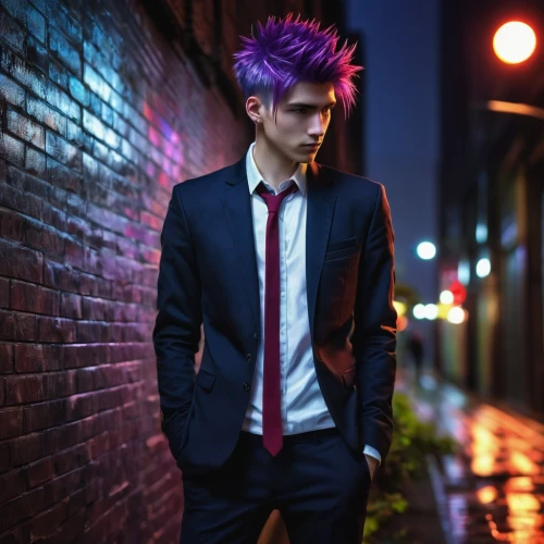 dark suit,suit,punk,men's suit,navy suit,2d,wedding suit,pink tie,pompadour,formal guy,red-purple,purple,punk design,the suit,cosplay image,jin deui,red tie,purple background,purple skin,ninja,Illustration,Realistic Fantasy,Realistic Fantasy 16