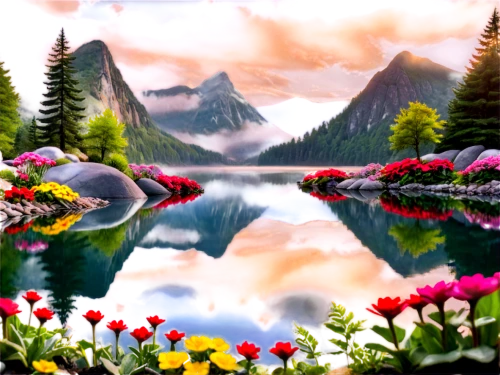 landscape background,flower painting,nature landscape,background view nature,flower background,beautiful landscape,world digital painting,mountain landscape,splendor of flowers,mountain scene,flower water,mountainous landscape,springtime background,landscape nature,meadow landscape,cartoon video game background,beautiful lake,landscapes beautiful,spring background,salt meadow landscape,Unique,3D,Clay